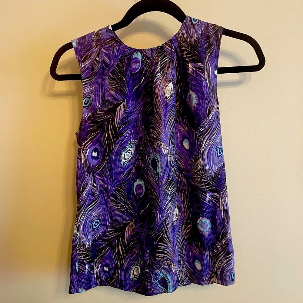 Tory Burch Purple Peacock Print Silk Sleeveless Blouse